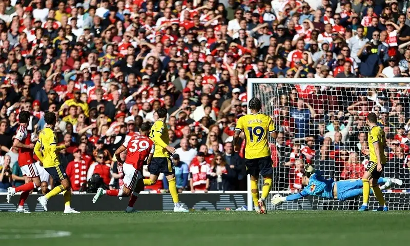 Arsenal's Bruno Guimaraes (third L) scores past Leeds United goalkeeper James Trafford during their Premier League match at the Emirates Stadium in London on October 10, 2026. —Reuters Arsenal's Bruno Guimaraes (third L) scores past Leeds United goalkeeper James Trafford during their Premier League match at the Emirates Stadium in London on October 10, 2026. —Reuters