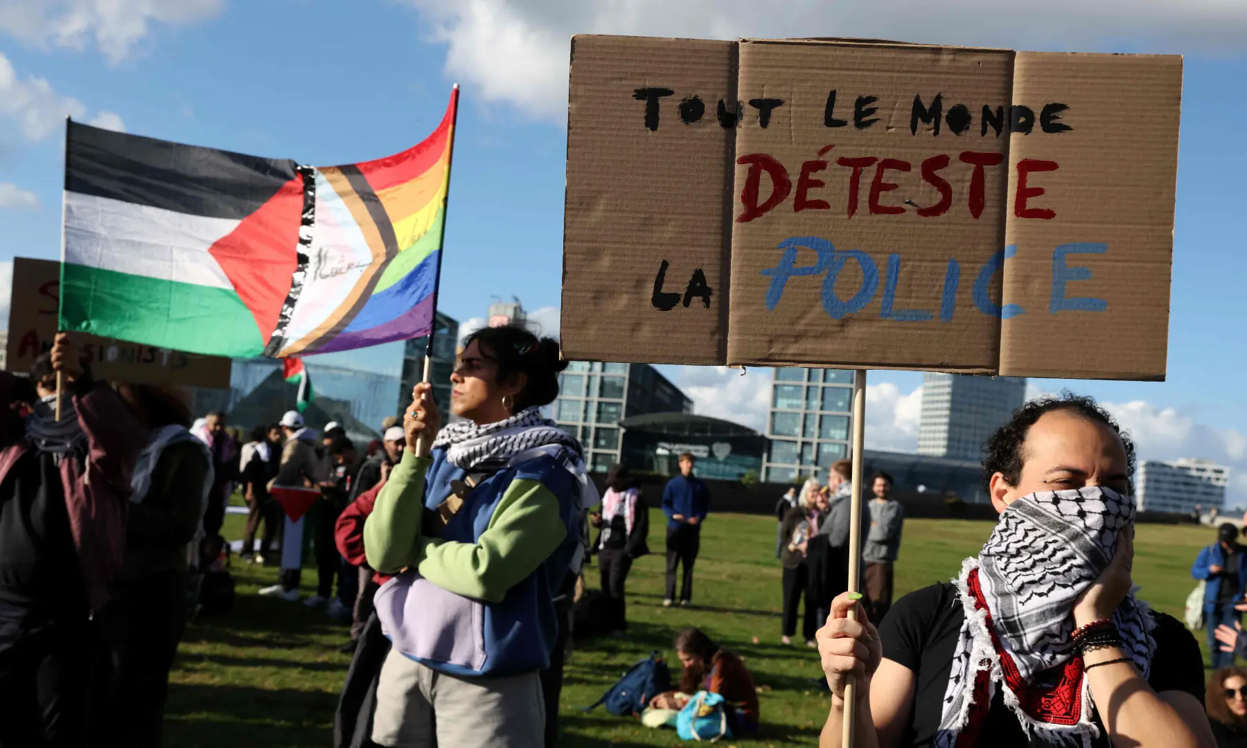 A participant display a placard with the lettering ‘Everybody hate the police’ during a pro-Palestinian demonstration under the motto ‘United4Palestine’ in Berlin on Oct 10, 2026. — AFP