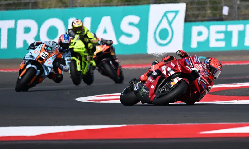 DUCATI Lenovo Team&rsquo;s Spanish rider Marc Marquez (front) competes during the MotoGP Indonesian Grand Prix sprint race at the Mandalika International Circuit on Saturday.&mdash;AFP