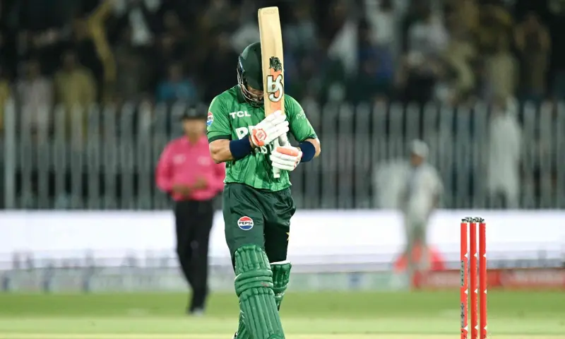Pakistan's Maaz Sadaqat is frustrated after narrowly missing out on a maiden T20I century during the second Twenty20 International against Sri Lanka at the Rawalpindi Cricket Stadium in Rawalpindi on October 11, 2026.—AFP Pakistan's Maaz Sadaqat is frustrated after narrowly missing out on a maiden T20I century during the second Twenty20 International against Sri Lanka at the Rawalpindi Cricket Stadium in Rawalpindi on October 11, 2026.—AFP