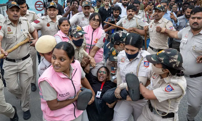 Security personnel and police detain a journalist during a protest by the Cockroach Janta Party in New Delhi.—Reuters Security personnel and police detain a journalist during a protest by the Cockroach Janta Party in New Delhi.—Reuters
