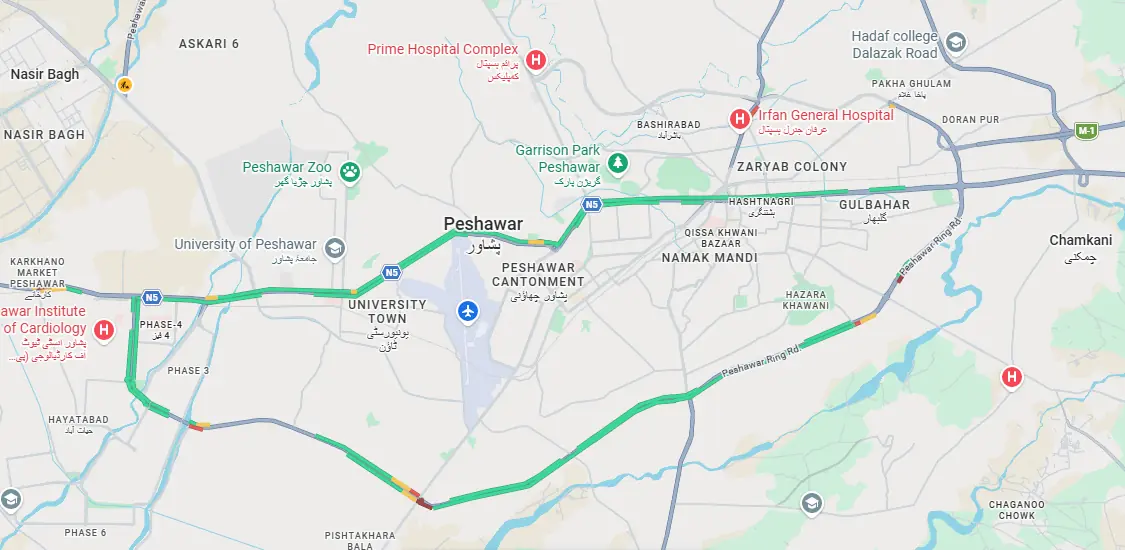 This screengrab from Google Maps shows traffic situation on Peshawar Ring Road and nearby roads as of around 4pm on Oct 12, 2026.