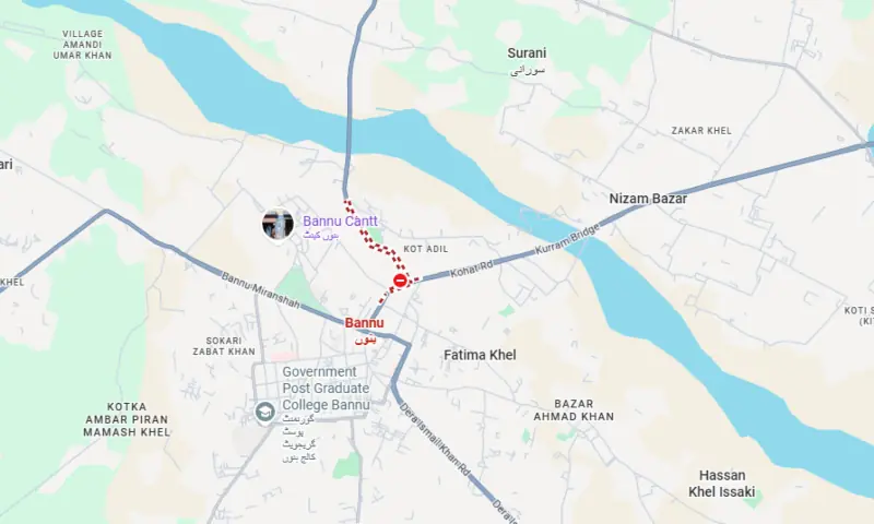 This screengrab from Google Maps shows the traffic situation near Bannu Cantonment as of 4pm on Oct 12, 2026.