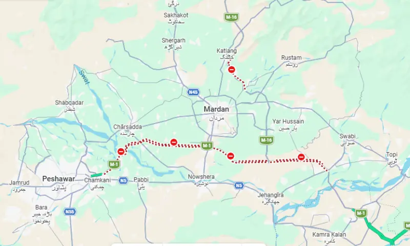 This screengrab from Google Maps shows the M-1 (Islamabad-Peshawar Motorway) closed for traffic on the route leading from Peshawar to Swabi, as of 4pm on Oct 12, 2026.