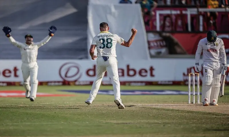 Australia pacer Josh Hazlewood celebrates after dismissing South African batter David Bedingham during the first Test at Kingsmead in Durban, South Africa, on October 12, 2026. &mdash;AFP