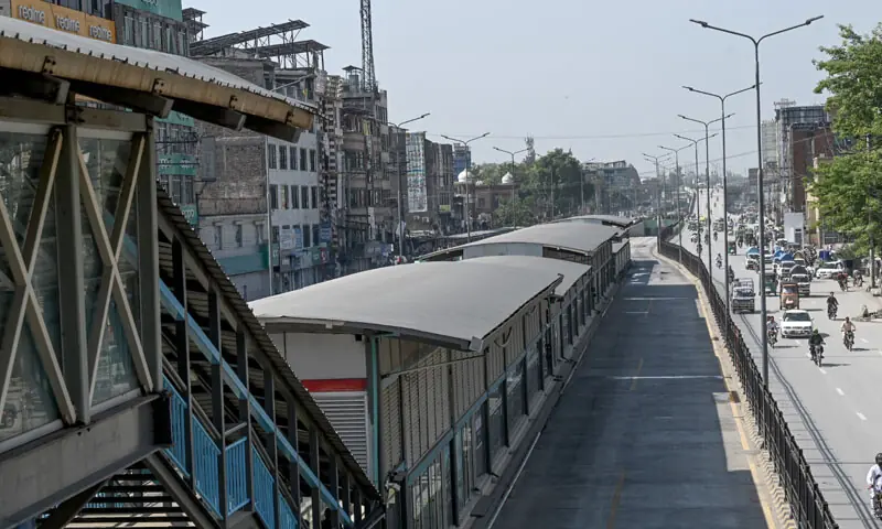 A view of the Bus Rapid Transit lane as the service remained closed during a security lockdown in Peshawar on Monday.— AFP/Shahbaz Butt A view of the Bus Rapid Transit lane as the service remained closed during a security lockdown in Peshawar on Monday.— AFP/Shahbaz Butt