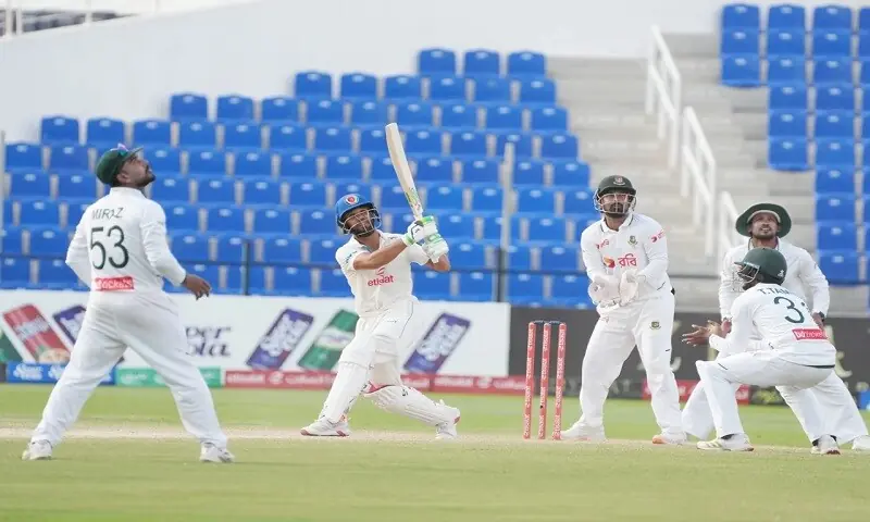 Afghanistan batter Qais Ahmed in action during the one-off Test against Bangladesh at the Sheikh Zayed Cricket Stadium in Abu Dhabi on October 13, 2026. —Courtesy Afghanistan Cricket Board Afghanistan batter Qais Ahmed in action during the one-off Test against Bangladesh at the Sheikh Zayed Cricket Stadium in Abu Dhabi on October 13, 2026. —Courtesy Afghanistan Cricket Board