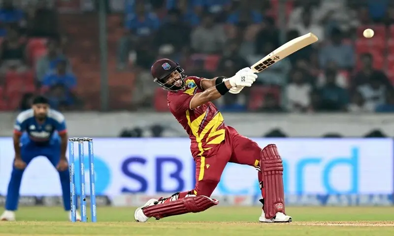 West Indies' captain Shai Hope plays a shot during the fourth T20 International against India at the Rajiv Gandhi International Stadium in Hyderabad, India, on October 14, 2026. &mdash;AFP