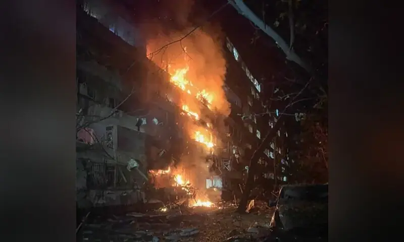 An apartment building on fire in Kyiv following a Russian missile strike. —AFP An apartment building on fire in Kyiv following a Russian missile strike. —AFP