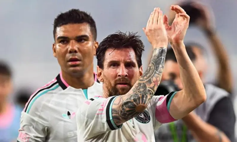 Inter Miami's Argentine forward #10 Lionel Messi, flanked by Brazilian defender #05 Casemiro, applauds toward his fans at the end of a Major League Soccer (MLS) regular season football match between Inter Miami CF and New York City FC at Nu Stadium in Miami, Florida, on October 14, 2026.--AFP Inter Miami's Argentine forward #10 Lionel Messi, flanked by Brazilian defender #05 Casemiro, applauds toward his fans at the end of a Major League Soccer (MLS) regular season football match between Inter Miami CF and New York City FC at Nu Stadium in Miami, Florida, on October 14, 2026.--AFP