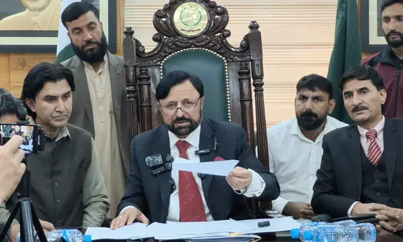 Gilgit-Baltistan Chief Election Commissioner Raja Shahbaz Khan addresses a press conference at the GB Election Commission Secretariat on Oct 15. — via Jamil Nagri Gilgit-Baltistan Chief Election Commissioner Raja Shahbaz Khan addresses a press conference at the GB Election Commission Secretariat on Oct 15. — via Jamil Nagri