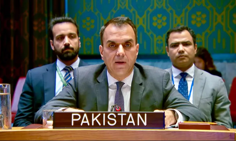 Pakistan&rsquo;s acting Permanent Representative to the UN, Ambassador Usman Jadoon, speaks at a UN Security Council debate on the Middle East at the UNSC headquarters in New York on Oct 15. &mdash; PakistanUN_NY/X