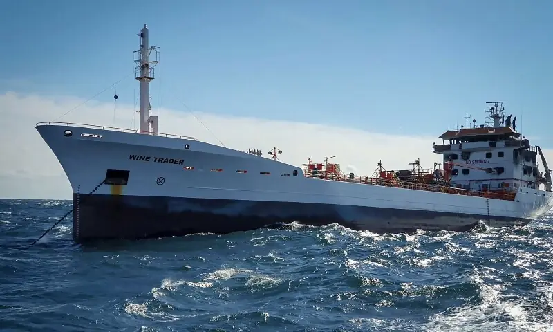 A handout picture made available by The Romanian Agency for Saving Human Life at Sea (ARSVOM) shows &ldquo;Wine trader&rdquo; ship in the territorial waters of Romania near Sulina, on October 15, 2026. &mdash;AFP