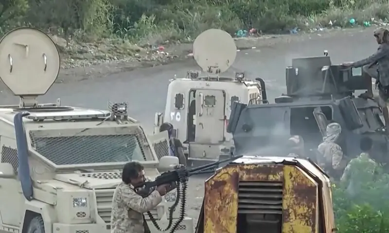 This screen grab taken from video footage released by Ansarullah Media Centre on October 7, 2026 shows a fighter affiliated with the Houthi authorities firing his machine gun as they advance against Saudi-backed Yemeni government troops in Taiz Governorate, according to Houthi media. —AFP