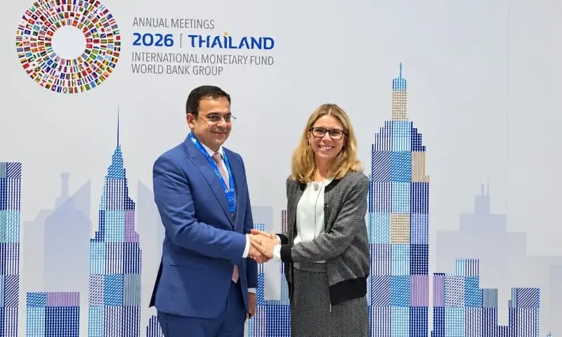 Federal Minister for Economic Affairs and Pakistan&rsquo;s Governor to the WBG, AhadKhanCheema met World Bank Group MD Operations, Anna Bjerde on the sidelines of the WBGMeetings 2026 in Bangkok today.&mdash; Photo via X/@eadgop