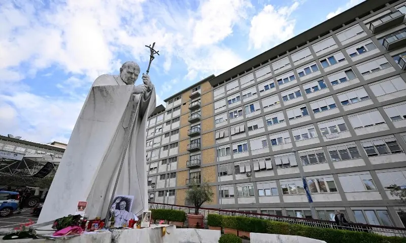 A picture shows the statue of John Paul II outside the Gemelli University Hospital, where Pope Leo XIV is recovering after undergoing surgery to remove a cancerous tumour from his right lung, in Rome, Italy on October 17, 2026. — AFP A picture shows the statue of John Paul II outside the Gemelli University Hospital, where Pope Leo XIV is recovering after undergoing surgery to remove a cancerous tumour from his right lung, in Rome, Italy on October 17, 2026. — AFP