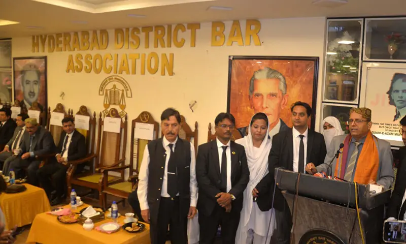 SHC Chief Justice Zafar Ahmed Rajput speaks at the ceremony.—Dawn SHC Chief Justice Zafar Ahmed Rajput speaks at the ceremony.—Dawn