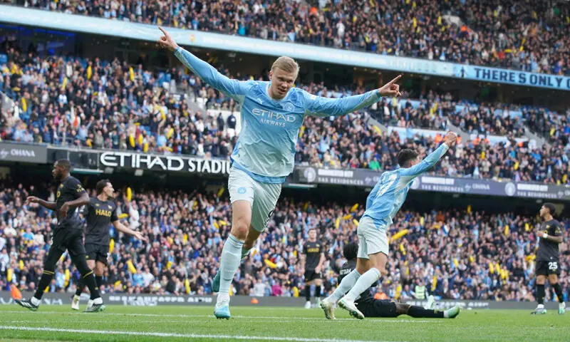 MANCHESTER: Erling Haaland of Manchester City celebrates after scoring against Ipswich Town during their Premier League match at the Etihad Stadium on Saturday.—Reuters MANCHESTER: Erling Haaland of Manchester City celebrates after scoring against Ipswich Town during their Premier League match at the Etihad Stadium on Saturday.—Reuters