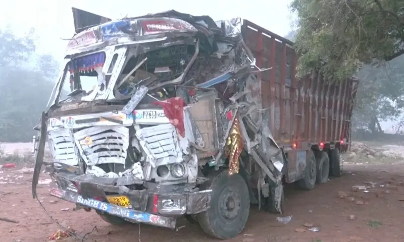 The damaged front body of the truck that lost control and ran over people causing multiple casualties, in Gwalior, India, October 18, 2026 in this screengrab taken from a handout video. &mdash; Reuters