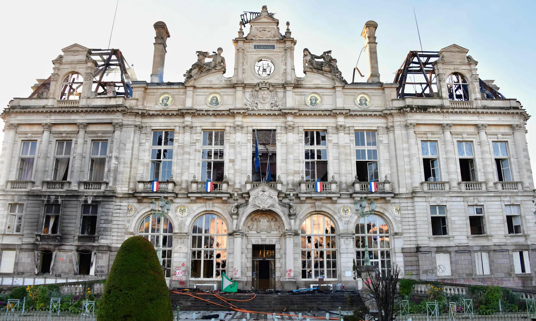  This photograph shows the partially burnt facade of the Limoges city hall a day after riots and looting following nationwide protests against the &ldquo;high cost of living&rdquo;, in Limoges on Oct 18, 2026. &mdash; AFP 