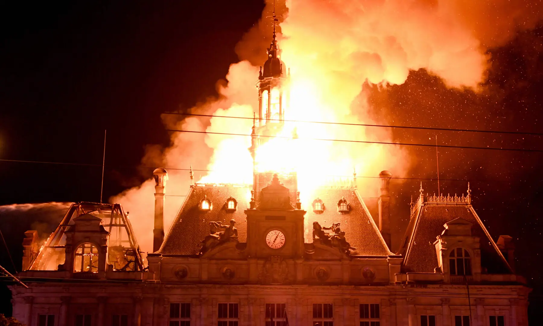 This photograph shows a fire burning and destroying the city hall after a group of individuals forced entry into the building during ongoing protest action against the &ldquo;high cost of living&rdquo;, in Limoges, central France on Oct 17, 2026. &mdash; AFP 