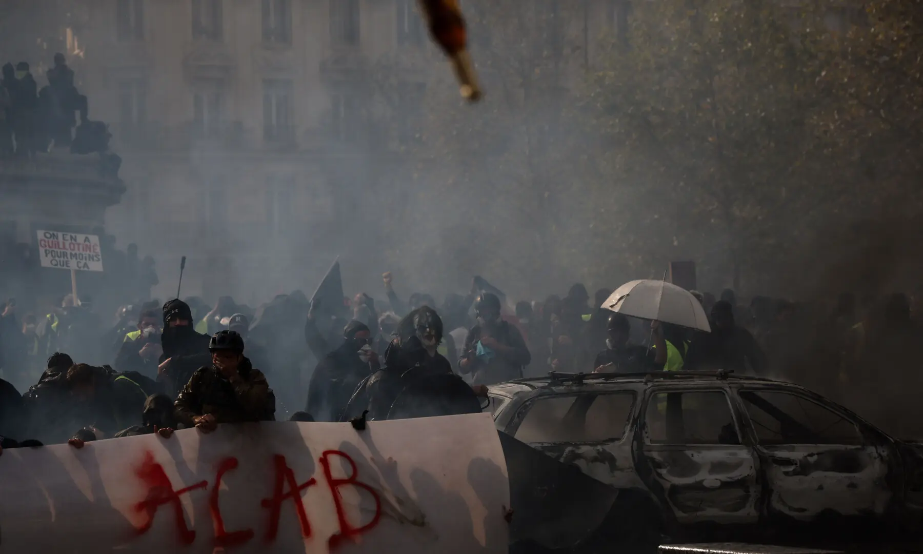  Protestors hold a banner reading &ldquo;ACAB&rdquo; (for &ldquo;All Cops are Bastards &ldquo;) during a demonstration on Place de la Republique to protest against the &ldquo;high cost of living&rdquo;, in Paris on Oct 17, 2026. &mdash; AFP 