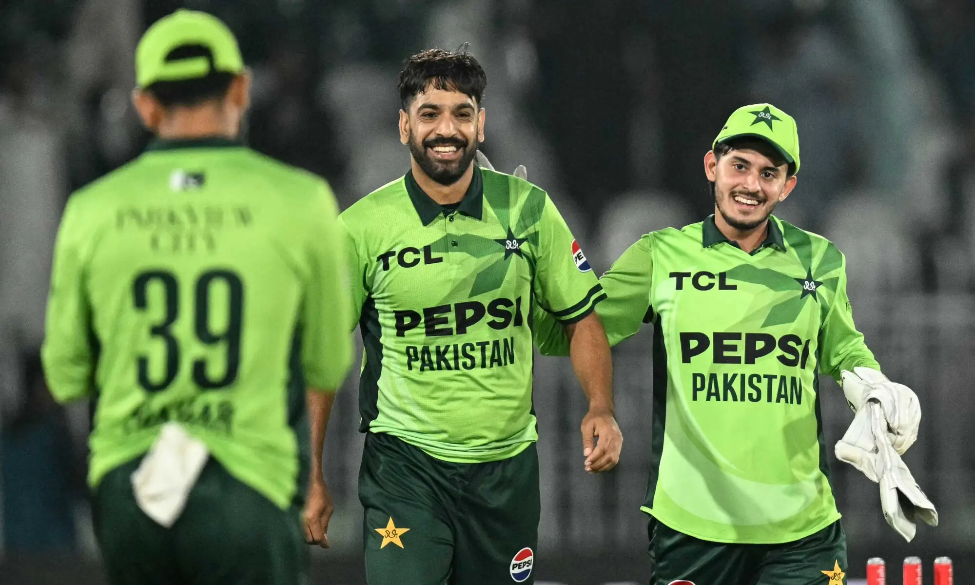 Pakistan's Haris Rauf (C) celebrates with team-mates after taking the wicket of Sri Lanka's Asitha Fernando during the One-day International tri-series match at the Rawalpindi Cricket Stadium in Rawalpindi on October 18, 2026.—AFP Pakistan's Haris Rauf (C) celebrates with team-mates after taking the wicket of Sri Lanka's Asitha Fernando during the One-day International tri-series match at the Rawalpindi Cricket Stadium in Rawalpindi on October 18, 2026.—AFP