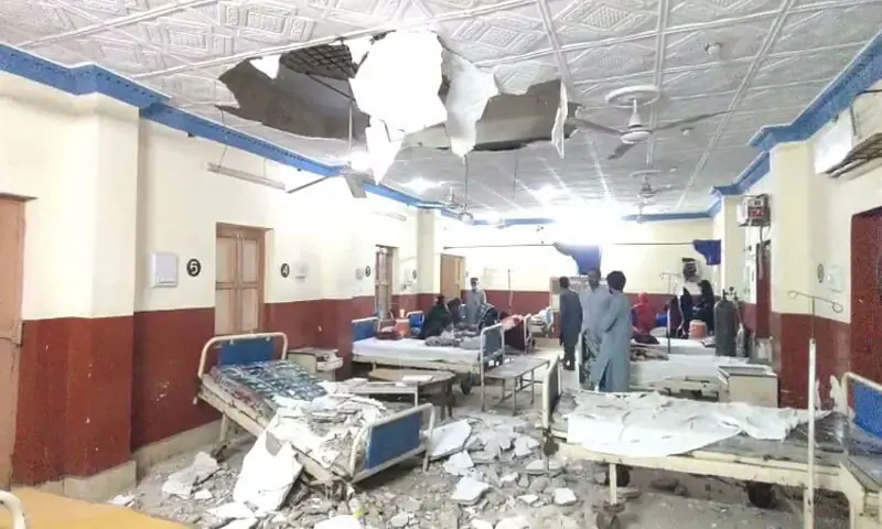A VIEW of the damage caused to the beds after the collapse of ceiling plaster at the CMC Hospital ward on Sunday.—Dawn A VIEW of the damage caused to the beds after the collapse of ceiling plaster at the CMC Hospital ward on Sunday.—Dawn