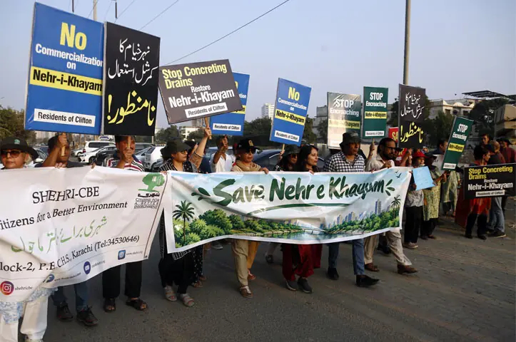 People stage a rally against ongoing construction activity at Nehr-i-Khayyam on Oct 18, 2026. —Shakil Adil/White Star People stage a rally against ongoing construction activity at Nehr-i-Khayyam on Oct 18, 2026. —Shakil Adil/White Star