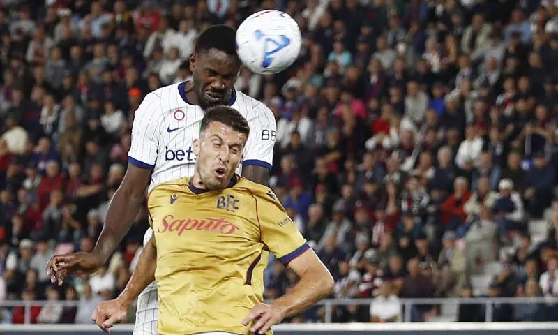 BOLOGNA: Inter Milan’s Marcus Thuram (top) heads to score during the Serie A match against Bologna at Stadio Renato Dall’Ara.—Reuters BOLOGNA: Inter Milan’s Marcus Thuram (top) heads to score during the Serie A match against Bologna at Stadio Renato Dall’Ara.—Reuters