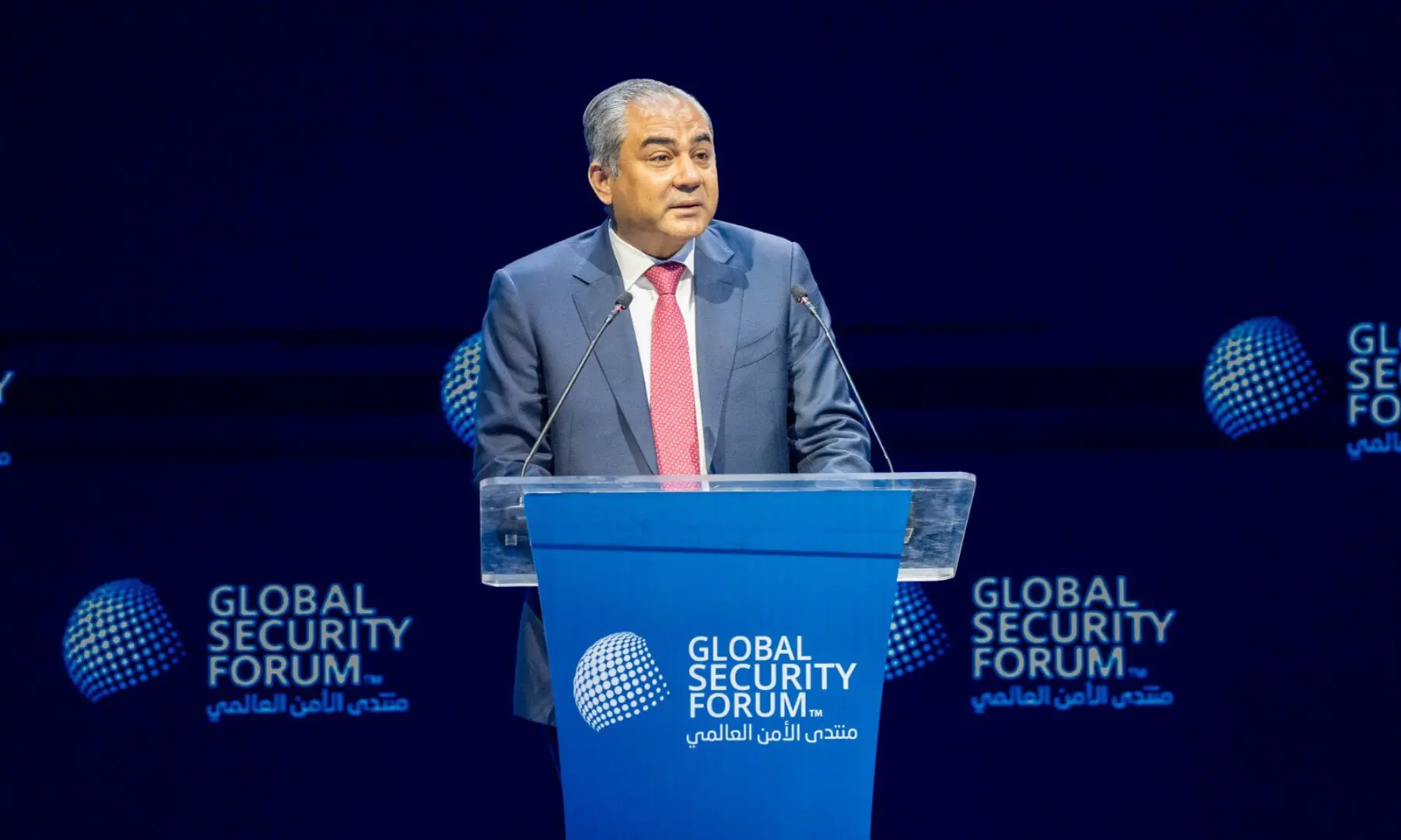 Interior Minister Mohsin Naqvi addresses the 8th Global Security Forum in Doha, Qatar, on Oct 19, 2026. — X/GSECForum Interior Minister Mohsin Naqvi addresses the 8th Global Security Forum in Doha, Qatar, on Oct 19, 2026. — X/GSECForum