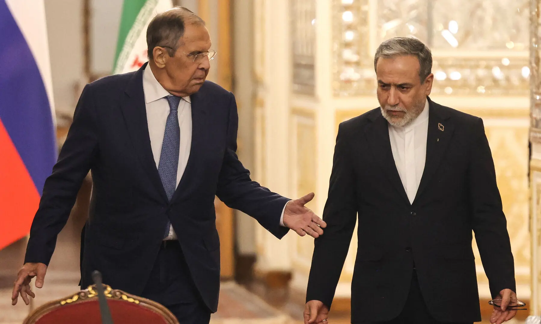 Russian Foreign Minister Sergey Lavrov (L) and Iran’s Foreign Minister Abbas Araghchi arrive to hold a press conference after a meeting in Tehran on October 19, 2026. — AFP