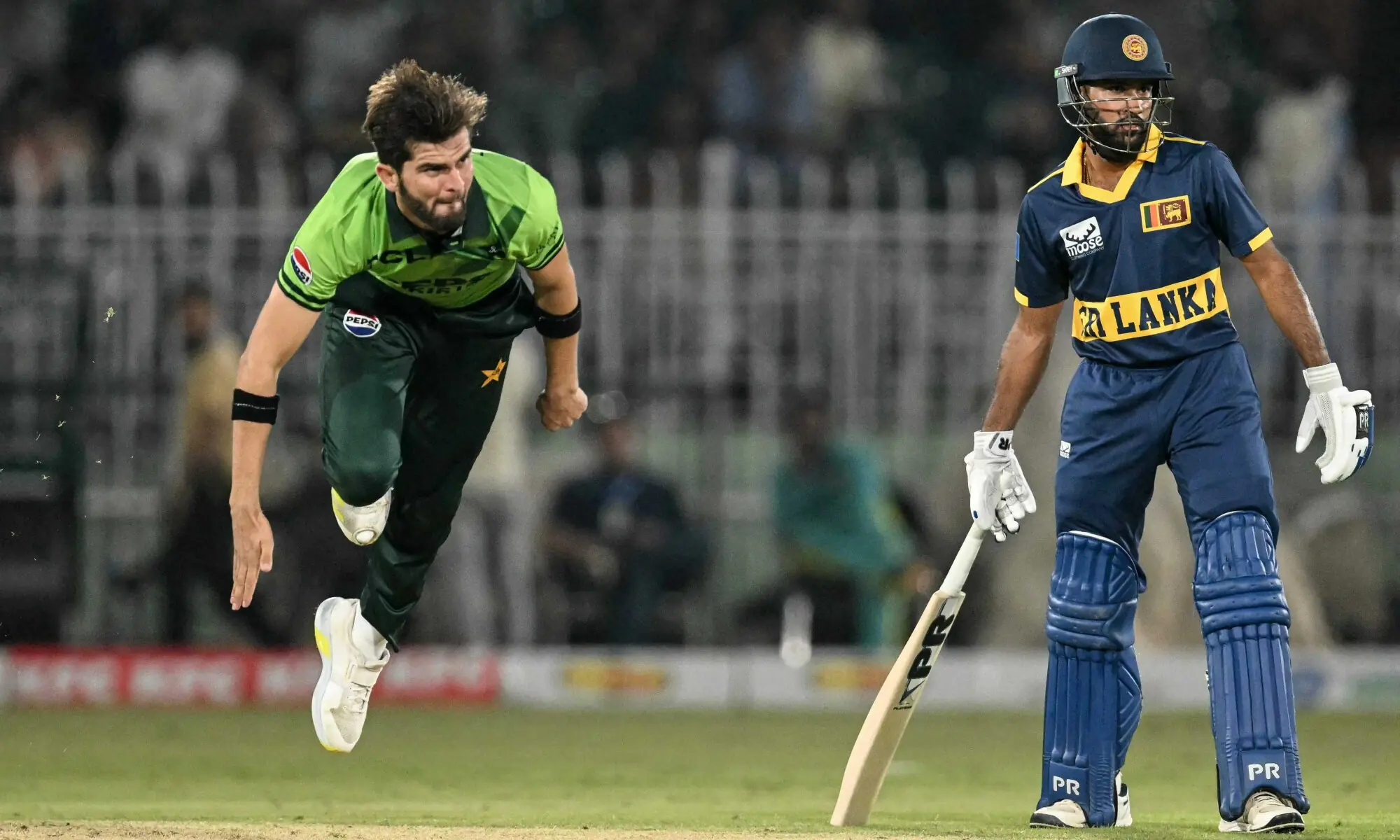 Pakistan's captain Shaheen Shah Afridi bowls as Sri Lanka's Pavan Rathnayake watches during the One-day international tri-series match between Pakistan and Sri Lanka at the Rawalpindi Cricket Stadium in Rawalpindi on October 18, 2026. —AFP Pakistan's captain Shaheen Shah Afridi bowls as Sri Lanka's Pavan Rathnayake watches during the One-day international tri-series match between Pakistan and Sri Lanka at the Rawalpindi Cricket Stadium in Rawalpindi on October 18, 2026. —AFP