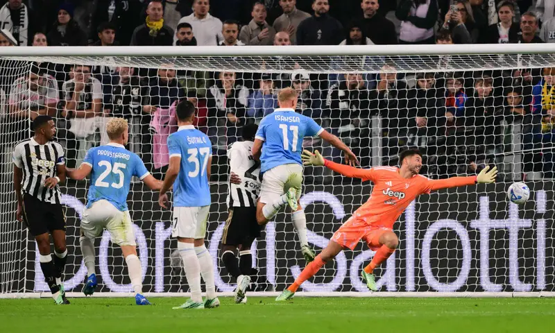 TURIN: Lazio’s Oliver Provstgaard (second L) scores past Juventus goalkeeper Guglielmo Vicario during their Serie A match at the Allianz Stadium.—AFP TURIN: Lazio’s Oliver Provstgaard (second L) scores past Juventus goalkeeper Guglielmo Vicario during their Serie A match at the Allianz Stadium.—AFP