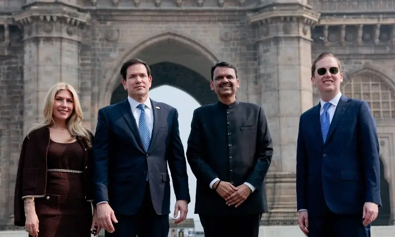US Secretary of State Marco Rubio (2L) with his wife Jeanette Dousdebes Rubio (L) poses for a photo with Maharashtra Chief Minister Devendra Fadnavis (2R) and US Ambassador to India Sergio Gor at the Gateway of India in Mumbai on October 20, 2026. —AFP US Secretary of State Marco Rubio (2L) with his wife Jeanette Dousdebes Rubio (L) poses for a photo with Maharashtra Chief Minister Devendra Fadnavis (2R) and US Ambassador to India Sergio Gor at the Gateway of India in Mumbai on October 20, 2026. —AFP
