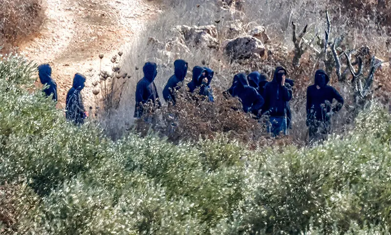 Israeli settlers harass Palestinian farmers as they pick olives in Turmus Ayya, northeast of Ramallah, in the occupied West Bank.—AFP Israeli settlers harass Palestinian farmers as they pick olives in Turmus Ayya, northeast of Ramallah, in the occupied West Bank.—AFP