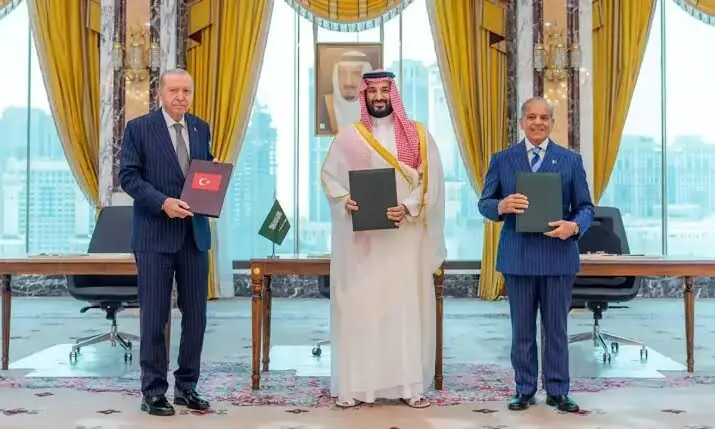 Turkish President Tayyip Erdogan, Saudi Crown Prince Mohammed bin Salman and Prime Minister Shehbaz Sharif pose after signing a joint defence agreement in Makkah, Saudi Arabia, on Aug 7, 2026. — Saudi Press Agency via Reuters/File Turkish President Tayyip Erdogan, Saudi Crown Prince Mohammed bin Salman and Prime Minister Shehbaz Sharif pose after signing a joint defence agreement in Makkah, Saudi Arabia, on Aug 7, 2026. — Saudi Press Agency via Reuters/File