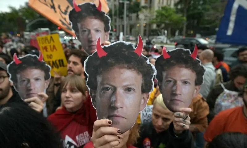Supporters of Brazil's President and presidential candidate Luiz Inacio Lula da Silva hold masks depicting Meta chief executive Mark Zuckerberg with red horns during a demonstration in front of Meta's headquarters in Sao Paulo, Brazil, on October 19, 2026, denouncing alleged interference by big tech companies in the Brazilian election. —AFP Supporters of Brazil's President and presidential candidate Luiz Inacio Lula da Silva hold masks depicting Meta chief executive Mark Zuckerberg with red horns during a demonstration in front of Meta's headquarters in Sao Paulo, Brazil, on October 19, 2026, denouncing alleged interference by big tech companies in the Brazilian election. —AFP