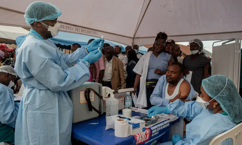 Health workers and humanitarian responders on the front lines of the Ebola response gather to receive a vaccination due to their potential exposure to the virus as part of their work with suspected cases, including contacts, as aid agencies intensify efforts to contain the Ebola outbreak involving the Bundibugyo strain, in the North Kivu Province of the Democratic Republic of the Congo, on October 16, 2026. — Reuters/File Health workers and humanitarian responders on the front lines of the Ebola response gather to receive a vaccination due to their potential exposure to the virus as part of their work with suspected cases, including contacts, as aid agencies intensify efforts to contain the Ebola outbreak involving the Bundibugyo strain, in the North Kivu Province of the Democratic Republic of the Congo, on October 16, 2026. — Reuters/File