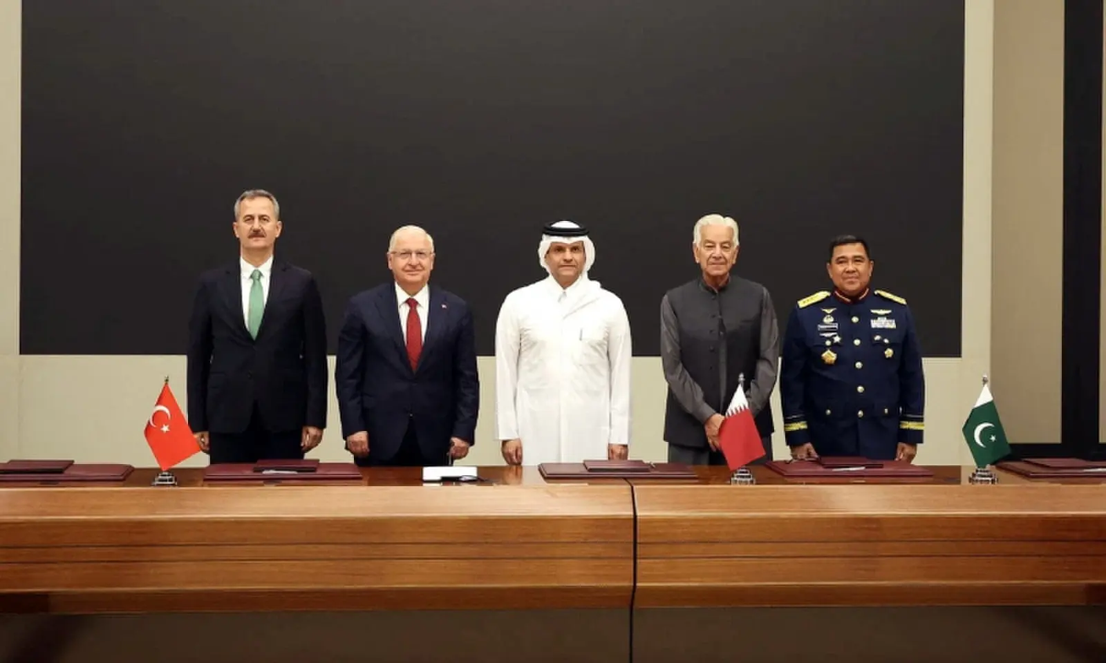 Ministers of Turkiye, Qatar, Pakistan and Indonesia sign a military cooperation pact in Qatar on Oct 21, 2026. &mdash; Reuters