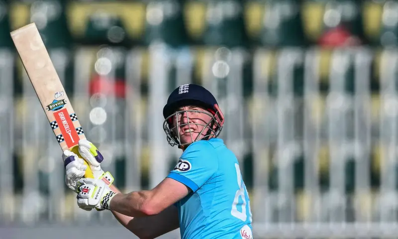 England's captain Harry Brook watches the ball after playing a shot during the one-day international tri-series cricket match between England and Sri Lanka at the Rawalpindi Cricket Stadium in Rawalpindi on October 22, 2026. &mdash; AFP