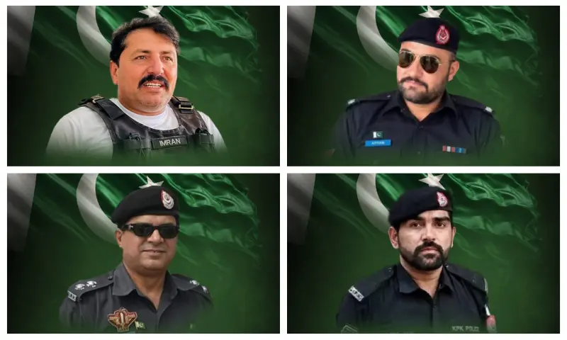 A combination photo shows CTD DSP Imranuddin Khan (top left); Head Constable Amjad (top right); Sub-Inspector Afzal Awan (bottom left) and Constable Kazim (bottom right). &mdash; photos courtesy KP police