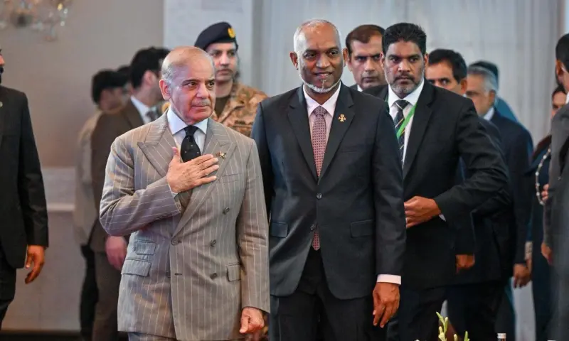 Prime Minister Shehbaz Sharif and Maldivian President Dr Mohamed Muizzu attend the Pakistan-Maldives Business Forum in Islamabad on Oct 22. &mdash; MMuizzu via X