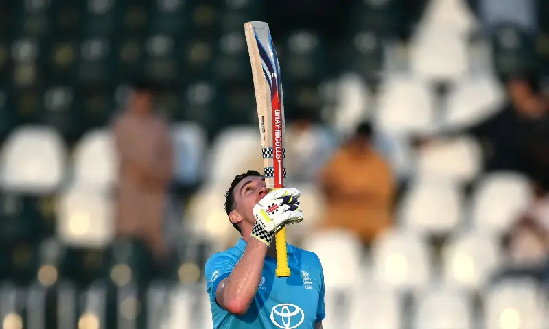 England’s captain Harry Brook celebrates after scoring a double century (200 runs) during the one-day international (ODI) tri-series cricket match between England and Sri Lanka at the Rawalpindi Cricket Stadium in Rawalpindi on October 22, 2026. — AFP