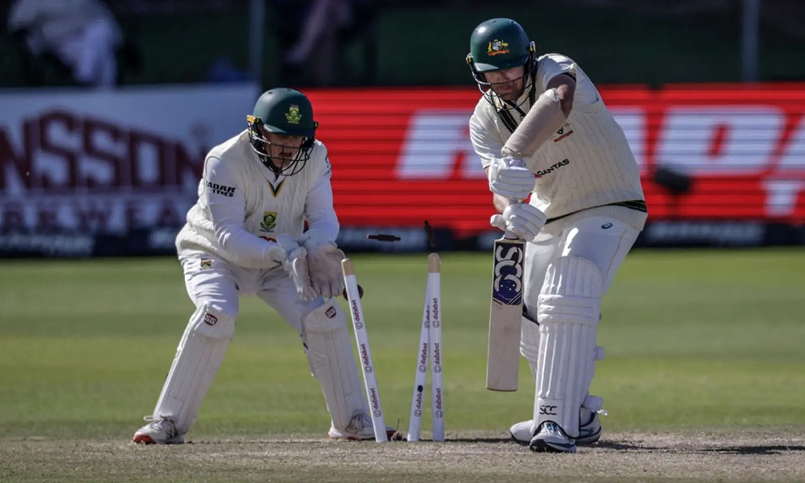 Australian batter Scott Boland is cleaned up by South African pacer Wiaan Mulder during the second Test at St Georges Park in Gqeberha, South Africa, on October 22, 2026. —AFP Australian batter Scott Boland is cleaned up by South African pacer Wiaan Mulder during the second Test at St Georges Park in Gqeberha, South Africa, on October 22, 2026. —AFP
