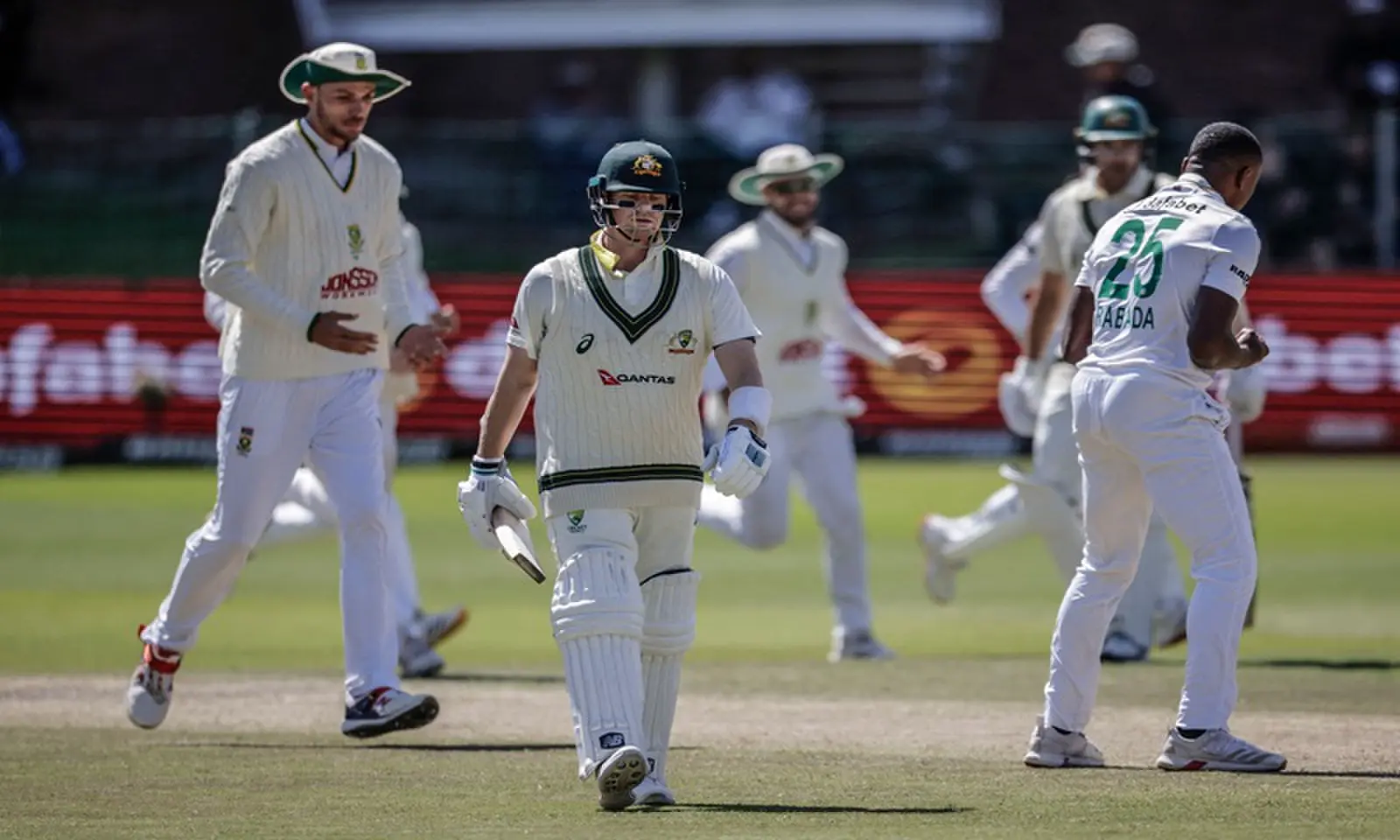 South African pacer Kagiso Rabada (R) celebrates after dismissing Australian batter Steven Smith during the second Test at St Georges Park in Gqeberha, South Africa, on October 22, 2026. —AFP South African pacer Kagiso Rabada (R) celebrates after dismissing Australian batter Steven Smith during the second Test at St Georges Park in Gqeberha, South Africa, on October 22, 2026. —AFP