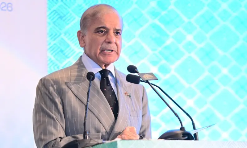Prime Minister Shehbaz Sharif speaks at a business forum in Islamabad. &mdash; Photo via X/@PakPMO/File