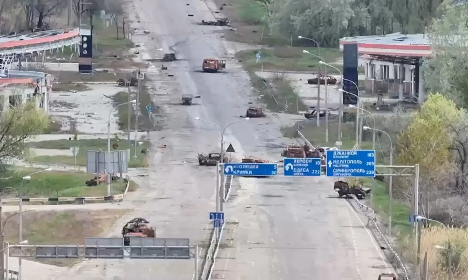 A still image taken from an undated drone video released on September 24, 2026, shows destroyed vehicles sitting on a street in Oleshky, the Kherson Region, in Russian-controlled Ukraine. — Reuters/File A still image taken from an undated drone video released on September 24, 2026, shows destroyed vehicles sitting on a street in Oleshky, the Kherson Region, in Russian-controlled Ukraine. — Reuters/File