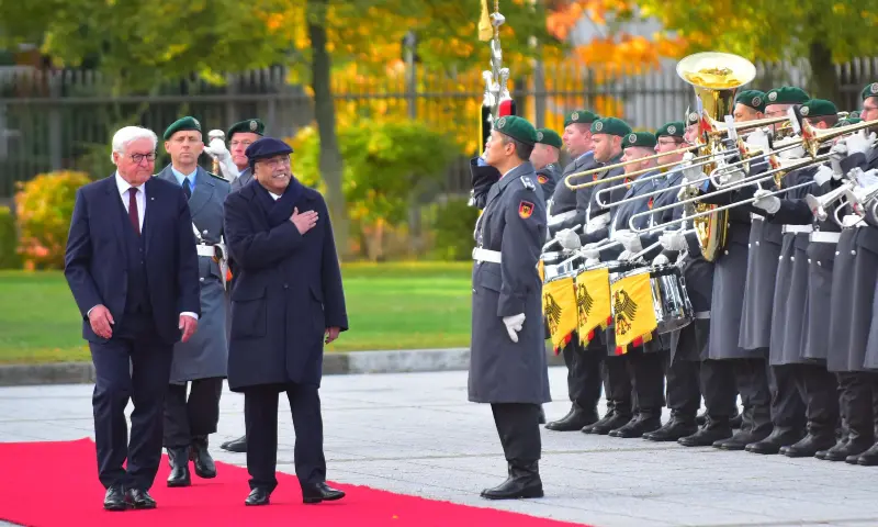 President Asif Ali Zardari arrives alongside German President Frank-Walter Steinmeier at the German Ministry of Defence in Berlin on Oct 23. &mdash; screengrab via PresOfPakistan/X