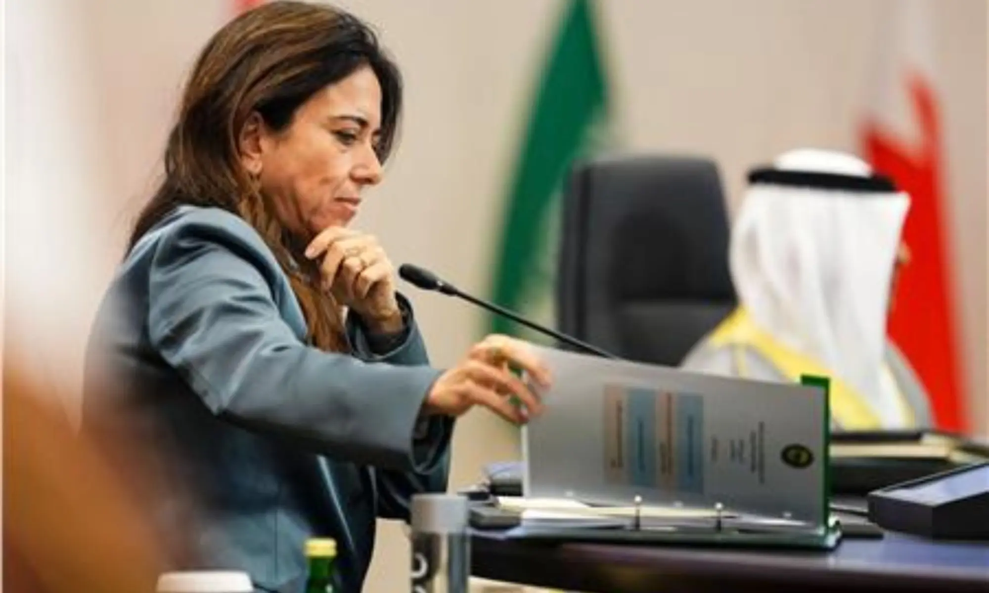 Minister of State at the Ministry of Foreign Affairs of the United Arab Emirates Lana Nusseibeh attends a meeting with foreign ministers of the Gulf Cooperation Council Member States (GCC) and the US Secretary of State, in Manama on June 25, 2026. —AFP